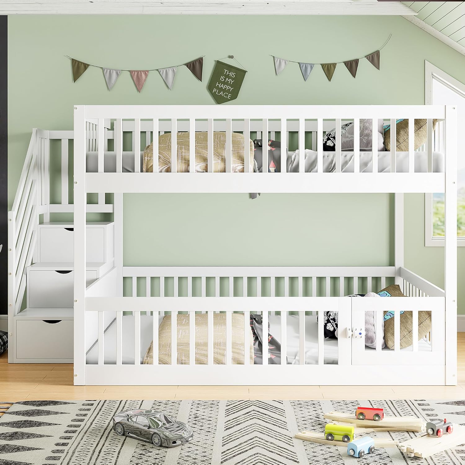 Merax Etagenbett 140x200 cm, Kinderbett mit Sicherheitstreppe, Holzeinzelbett mit Stauraumbett für Kinder und Jugendliche, Multifunktional, Platzsparend, Holzstruktur, Weiß (Ohne Matratze) — Ansicht 6