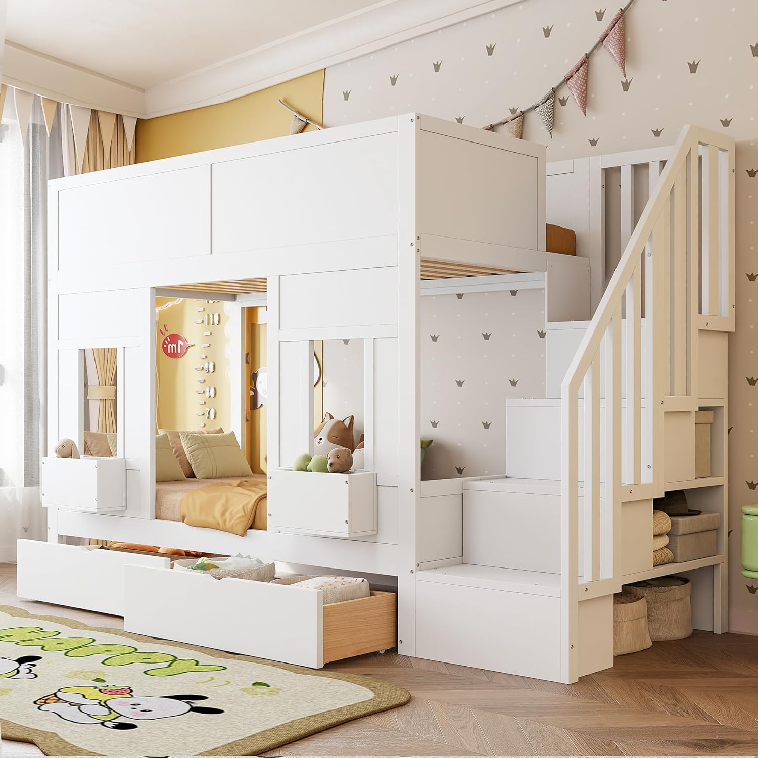 Merax Etagenbett 90x200 cm, mit Stauraumtreppe und Schubladen, Hochbett mit Fensterdesign, Holzgestell mit Sicherheitsgeländer, platzsparendes Kinderbett für Jungen und Mädchen, Weiß (Ohne Matratze)