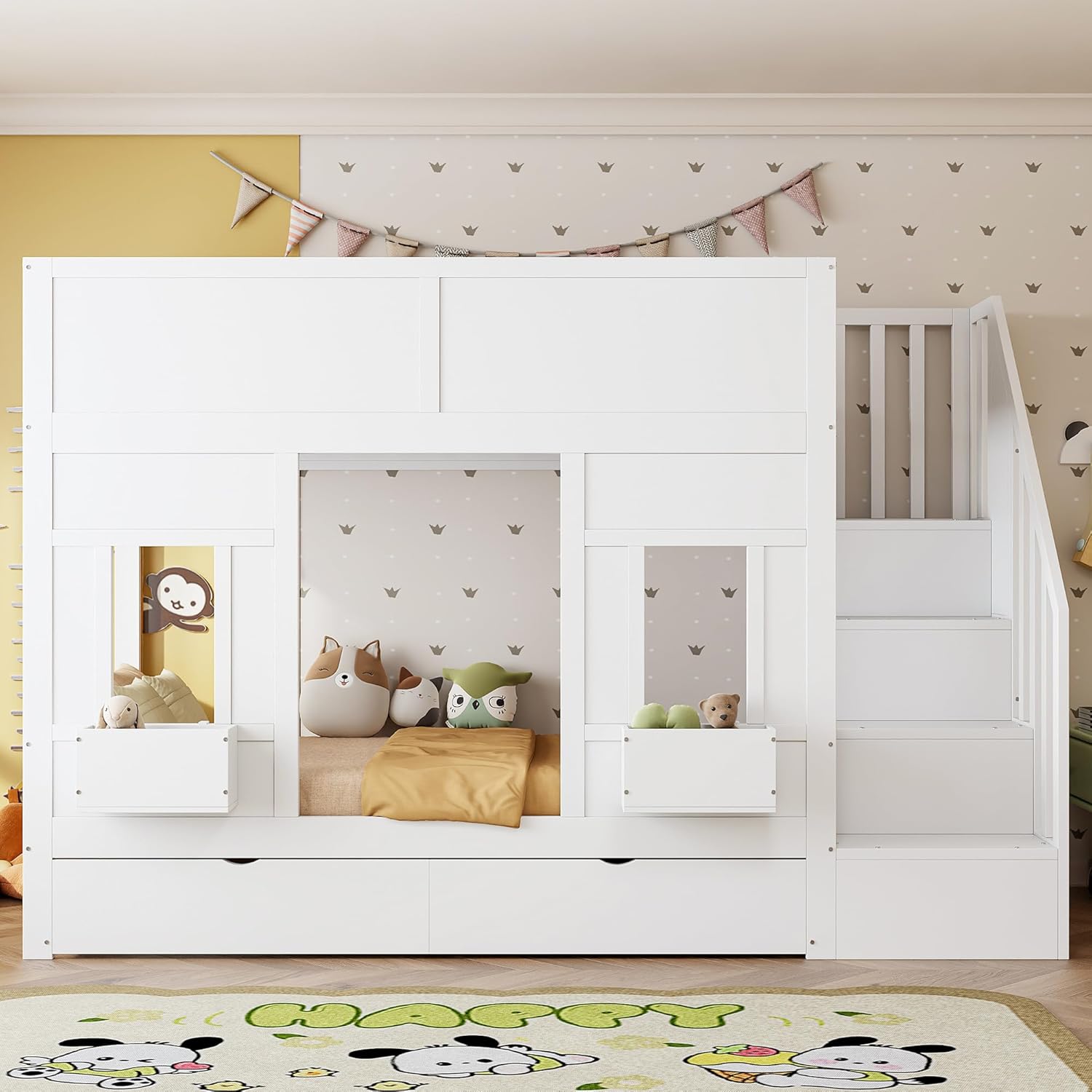 Merax Etagenbett 90x200 cm, mit Stauraumtreppe und Schubladen, Hochbett mit Fensterdesign, Holzgestell mit Sicherheitsgeländer, platzsparendes Kinderbett für Jungen und Mädchen, Weiß (Ohne Matratze) — Ansicht 3