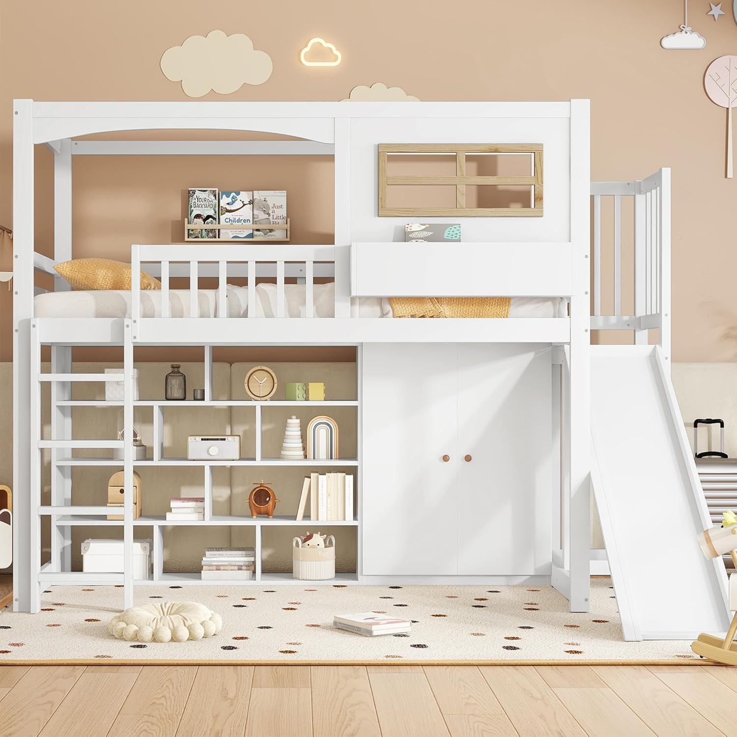 Merax Etagenbett 90x200cm, Kinderbett Hochbett mit Rutsche & Kleiderschrank & Regale, Platzsparendes Stockbett Hausbett mit Lattenrost & Rausfallschutz, Praktisches Jugendbett, Ohne Matratze, Weiß — Ansicht 3