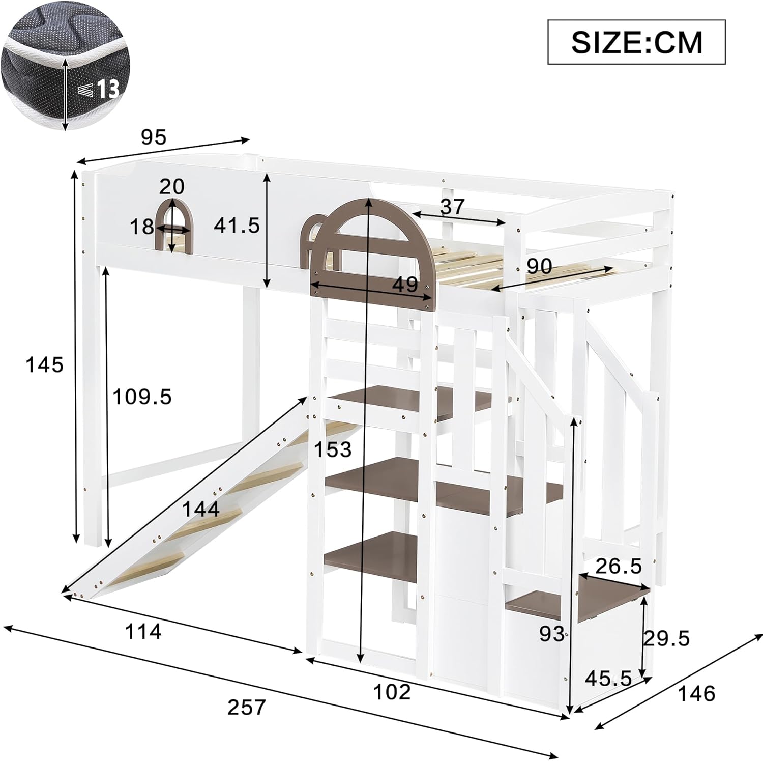 Merax Etagenbett 90x200cm, Kinderbett Hochbett mit Stauraumtreppe & Rutsche & Rausfallschutz, Platzsparendes Stockbett mit Lattenrost & Fenster, Funktionsbett für Jugend, Ohne Matratze, Weiß & Braun — Ansicht 2