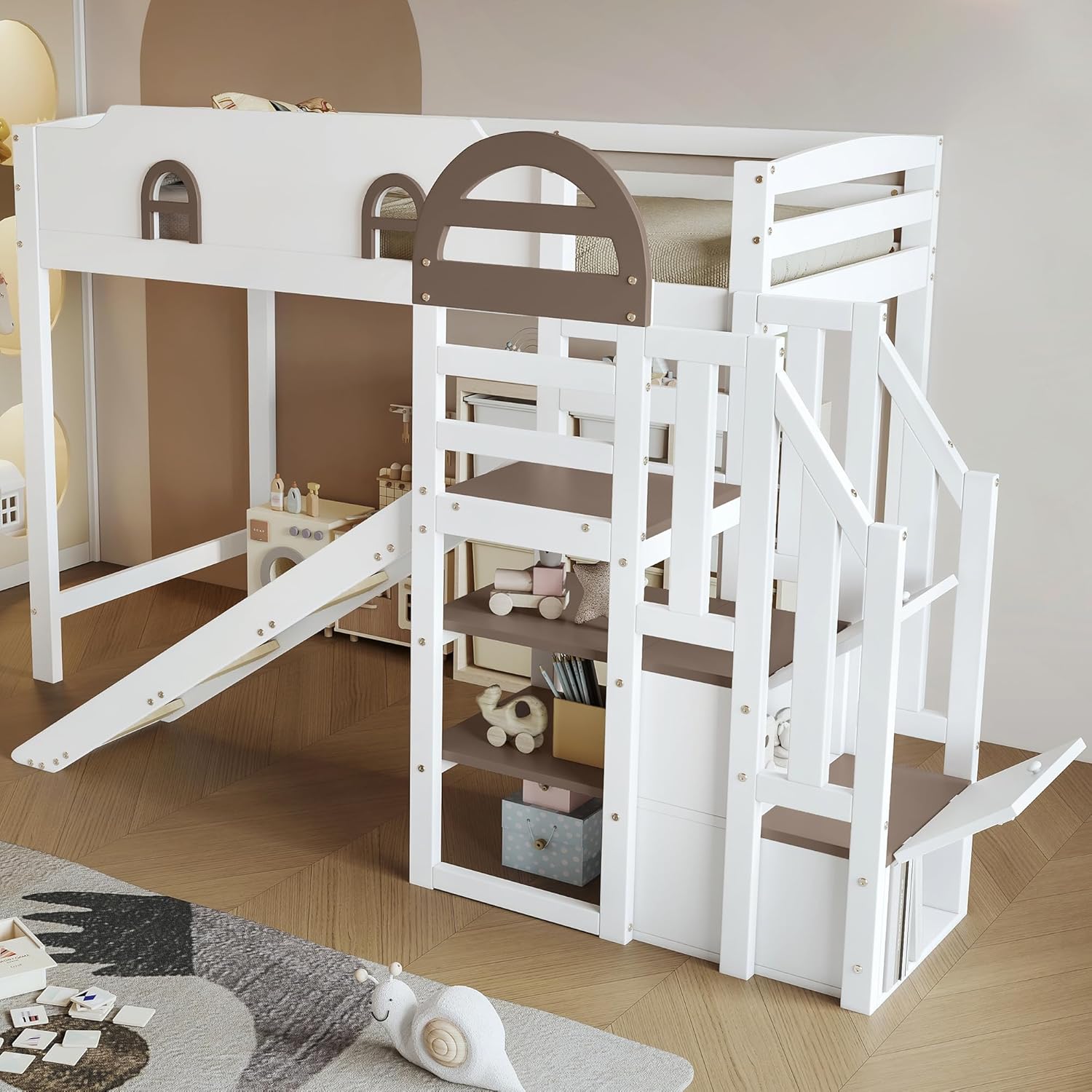 Merax Etagenbett 90x200cm, Kinderbett Hochbett mit Stauraumtreppe & Rutsche & Rausfallschutz, Platzsparendes Stockbett mit Lattenrost & Fenster, Funktionsbett für Jugend, Ohne Matratze, Weiß & Braun — Ansicht 3