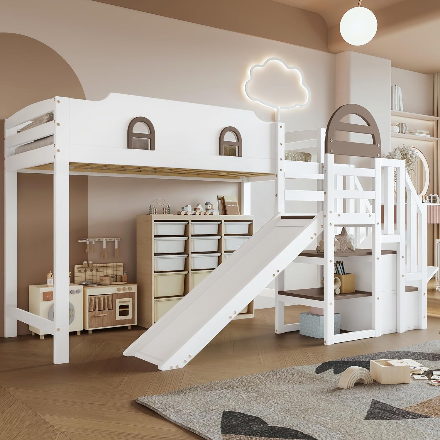 Merax Etagenbett 90x200cm, Kinderbett Hochbett mit Stauraumtreppe & Rutsche & Rausfallschutz, Platzsparendes Stockbett mit Lattenrost & Fenster, Funktionsbett für Jugend, Ohne Matratze, Weiß & Braun
