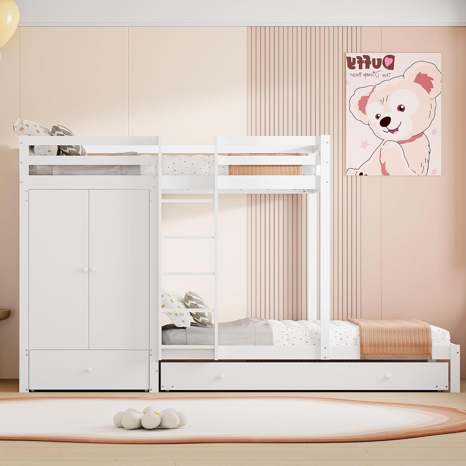 Merax Etagenbett aus Massivholz 90x200 cm mit Ausziehbett, Kleiderschrank, Schubladen und Ablagefach, Weiß - Ohne Matratze — Ansicht 3