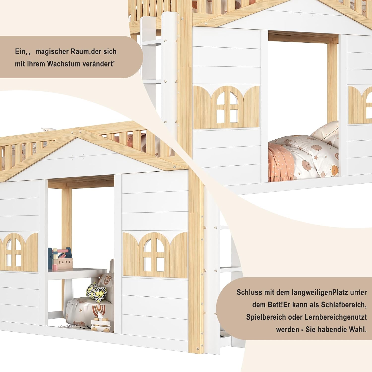 Merax Etagenbett Hausbett 90x200 cm mit Fenster-Form, umbaubar – Weiß+Natur (Ohne Matratze, Kein Schreibtisch) — Ansicht 3