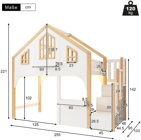 Merax Etagenbett Hochbett Kinderbett 90x200 cm mit LED und Stauraumtreppe, Hausbett mit Fenster, Weiß + Natur, Massivholz — Ansicht 2