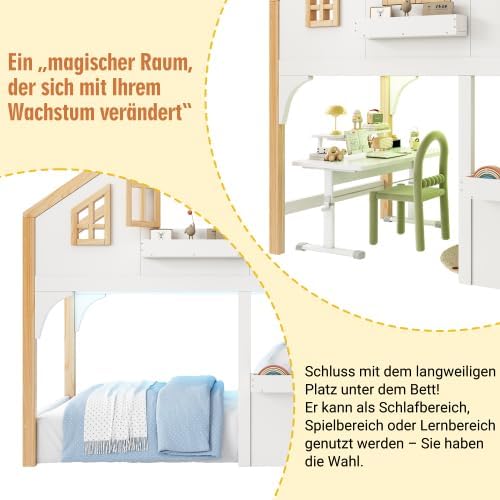 Merax Etagenbett Hochbett Kinderbett 90x200 cm mit LED und Stauraumtreppe, Hausbett mit Fenster, Weiß + Natur, Massivholz — Ansicht 3