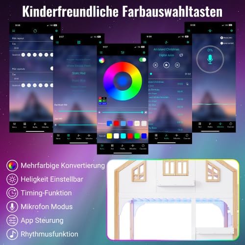 Merax Etagenbett Hochbett Kinderbett 90x200 cm mit LED und Stauraumtreppe, Hausbett mit Fenster, Weiß + Natur, Massivholz — Ansicht 5