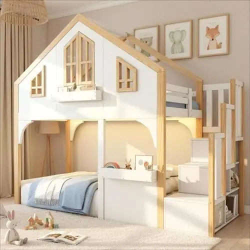 Etagenbett Hochbett Kinderbett 90x200 cm mit LED und