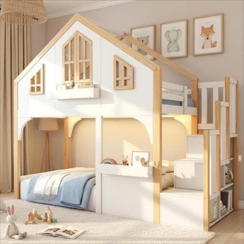 Merax Etagenbett Hochbett Kinderbett 90x200 cm mit LED und Stauraumtreppe, Hausbett mit Fenster, Weiß + Natur, Massivholz