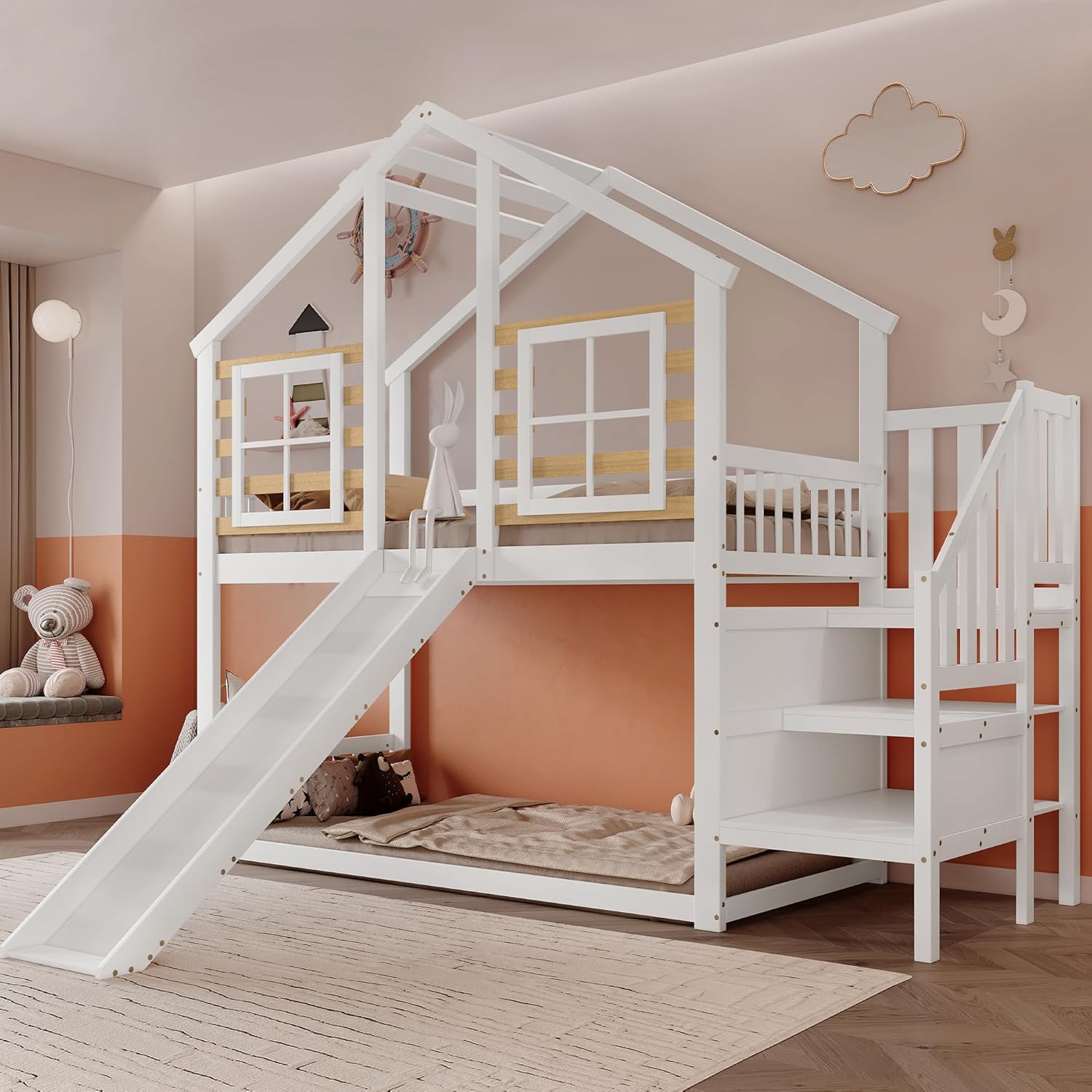 Merax Etagenbett Holzbett Blockhaus Kinderbett mit Rutsche, Fenster und Absturzsicherung - Massivholz Etagenbett in Weiß (90x200 cm) — Ansicht 3