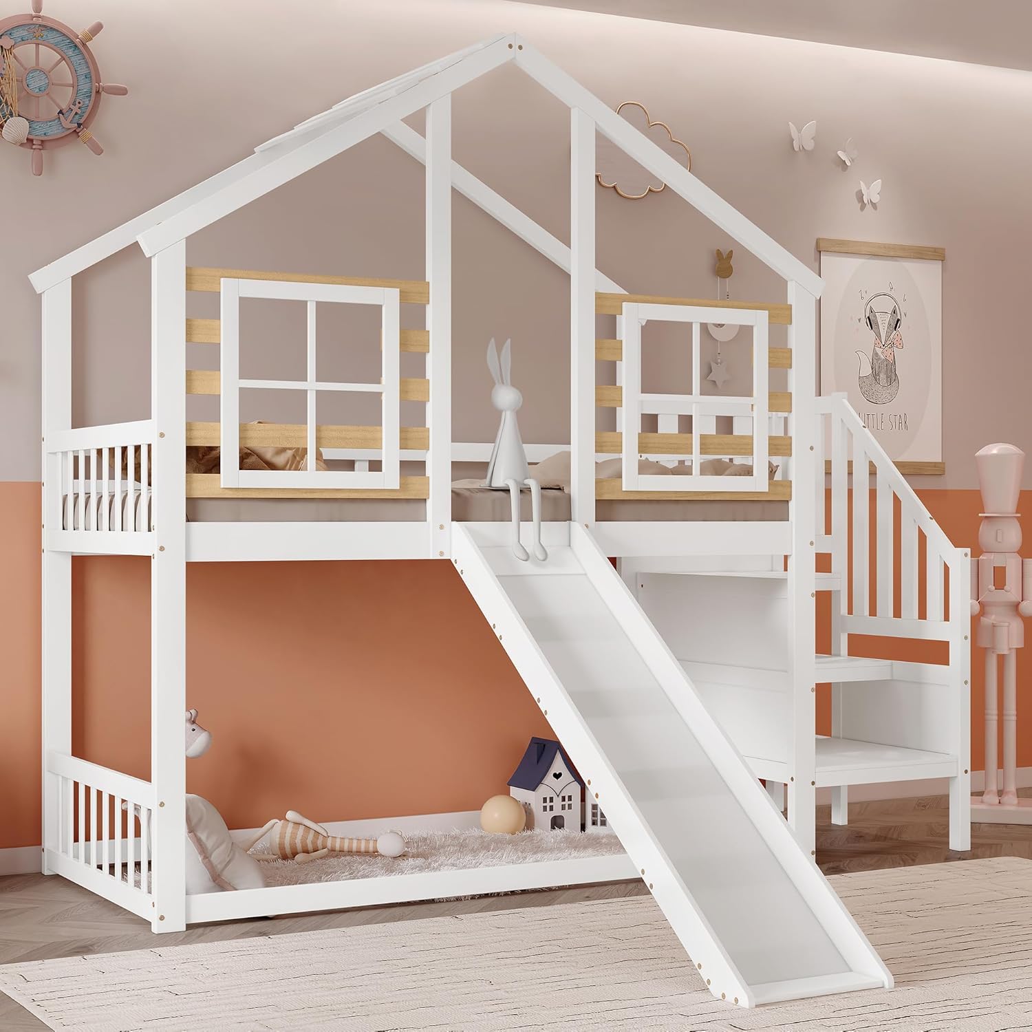 Merax Etagenbett Holzbett Blockhaus Kinderbett mit Rutsche, Fenster und Absturzsicherung - Massivholz Etagenbett in Weiß (90x200 cm) — Ansicht 4