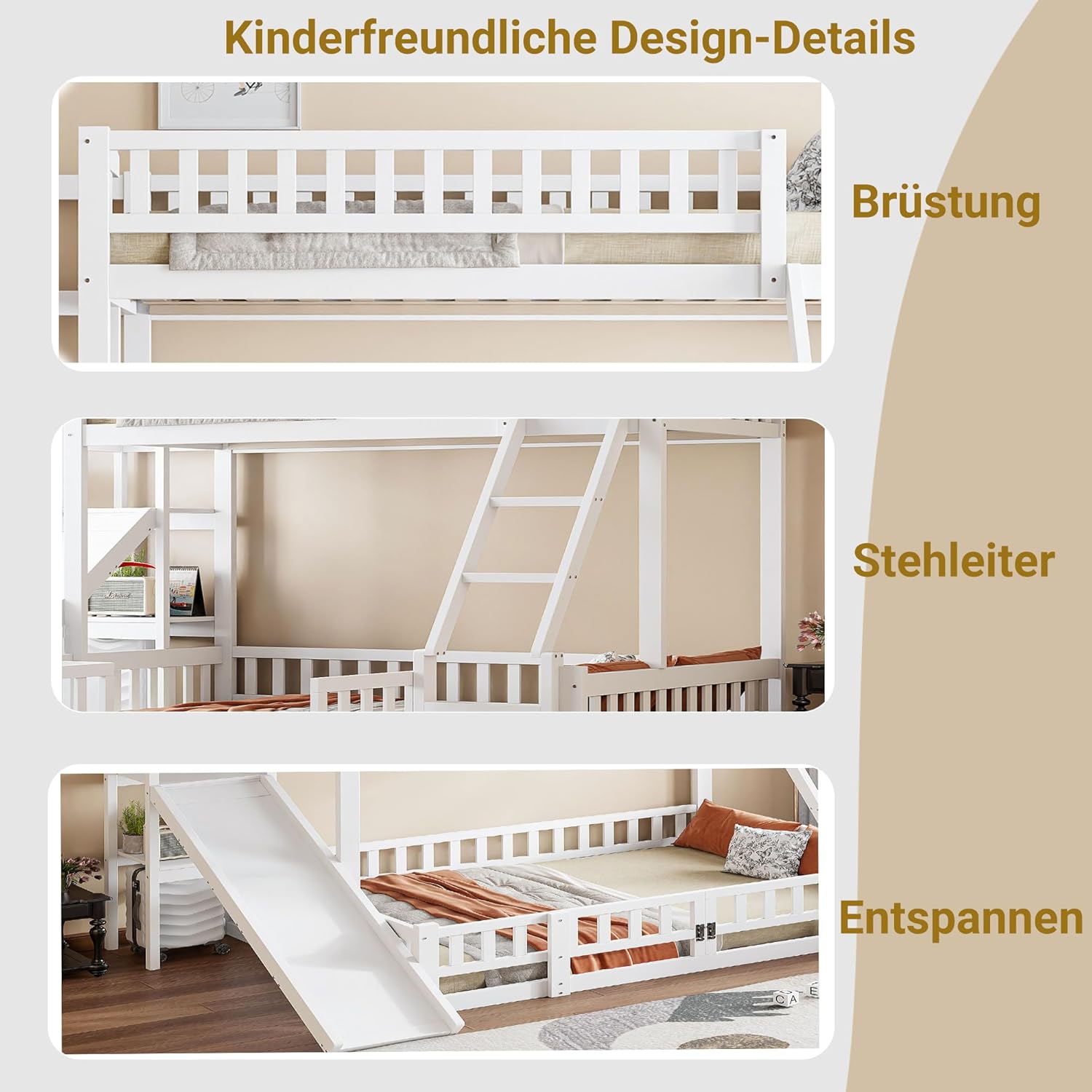 Merax Etagenbett Kinderbett 90x200 und 140x200, Hochbett mit Rutsche und Stufen, Mehrere Regale, Bettgestell mit Lattenrost und Ausziehbare kleine Tür(ohne Matratze), Weiß — Ansicht 5