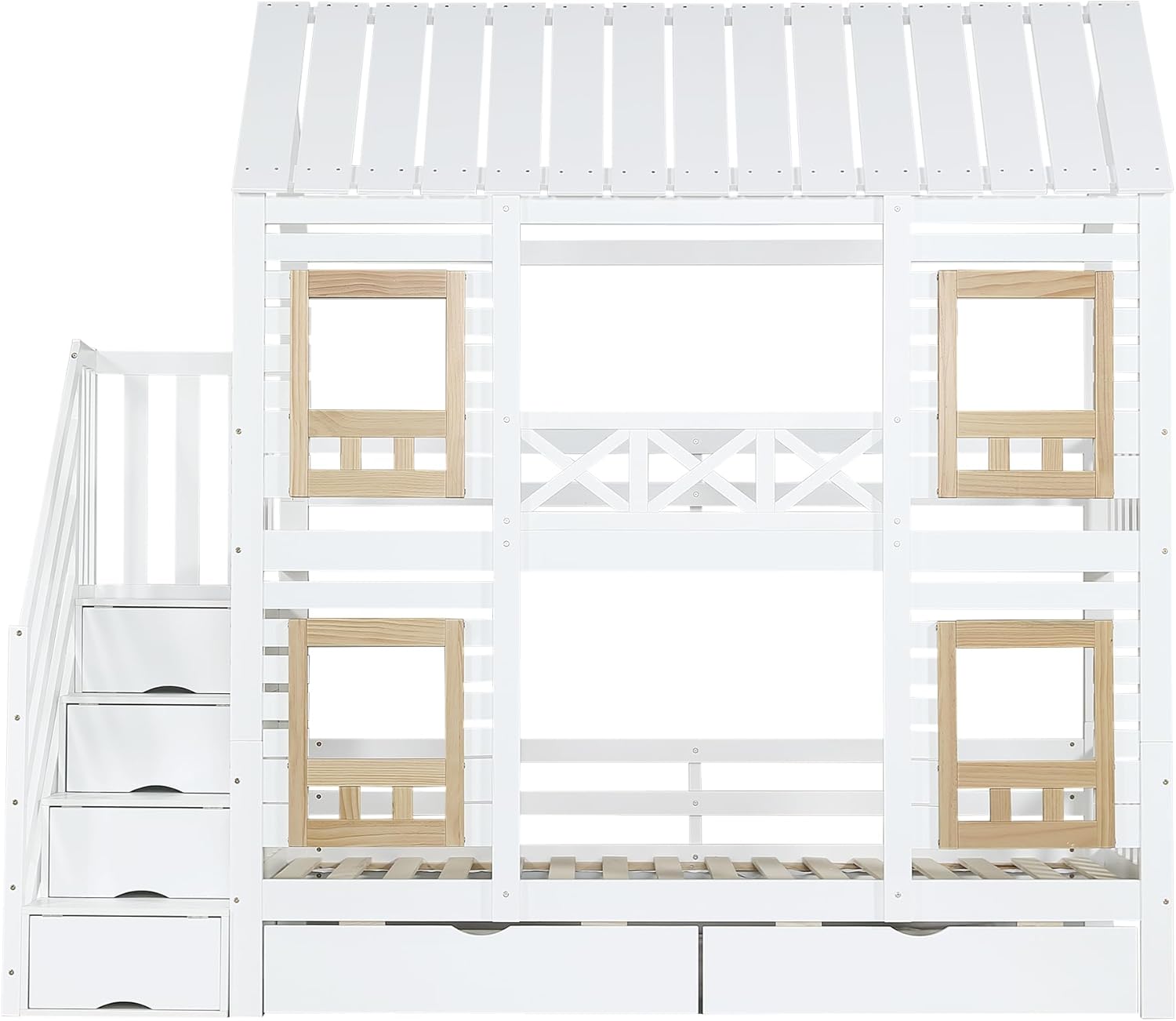 Merax Etagenbett Kinderbett Holzbett 90x200 cm mit Fenster, Stauraumtreppe mit 4 Ablagefächern, Zwei Schubladen mit Rollen, Weiß+Natur, Kiefer+MDF, EN747 Zertifiziert -Ohne Matratze — Ansicht 6