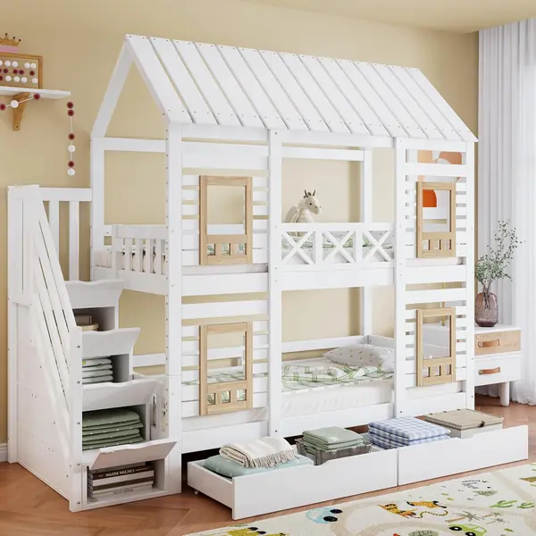 Etagenbett Kinderbett Holzbett 90x200 cm mit Fenster
