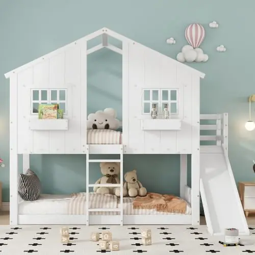 Etagenbett Kinderbett mit Rutsche und Fenster