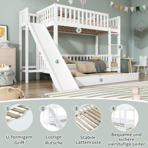 Merax Etagenbett mit Rollbett, Kinderbett mit Rutsche, Fallschutzgitter, Regalen und Stabiler Leiter – Weiß, 90x200/190cm, Platzsparend & Sicher — Ansicht 3