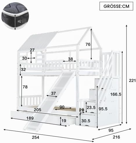 Merax Etagenbett mit Treppe und Rutsche, Hausbett für Kinder, Kiefernholz + MDF, 90x200 cm, Weiß, mit Fenster, Dach, Stauraum und Fallschutz — Ansicht 2
