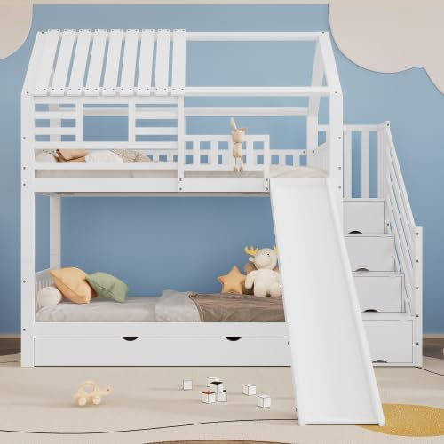Merax Etagenbett mit Treppe und Rutsche, Hausbett für Kinder, Kiefernholz + MDF, 90x200 cm, Weiß, mit Fenster, Dach, Stauraum und Fallschutz