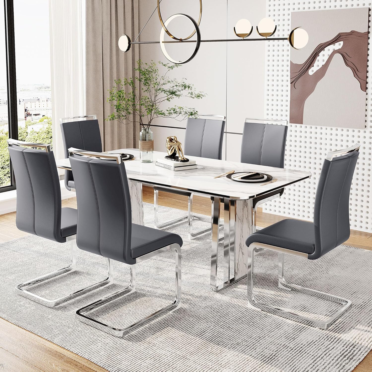 Merax Freischwinger Schwingstuhl 4er Set, Esszimmerstühle mit PU Kunstleder und hoher Rückenlehne, verchromtes Metallgestell, Moderner Küchenstuhl, Polsterstuhl für Wohnzimmer Konferenzraum, Grau — Ansicht 3