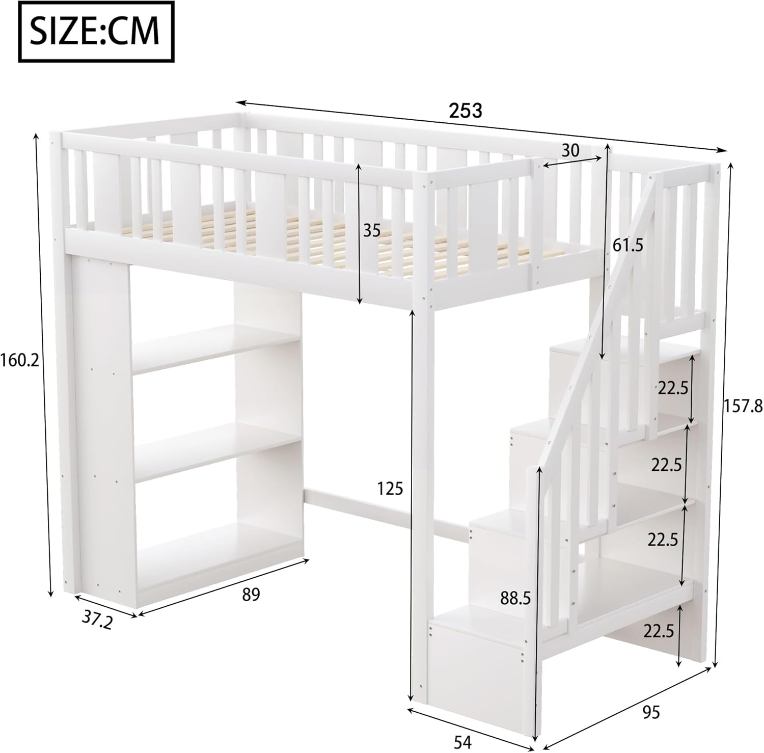 Merax Funktionales Hochbett 90x200 cm, mit Aufbewahrungsleiter und 3 großen Fächern, sicheres Geländer, weiß (keine Matratzen) — Ansicht 2