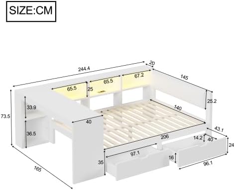 Merax Funktionsbett 140x200 cm Kinderbett mit Polsterkopfteil, Schubladen, Ablageflächen, USB-Ladestation und LED-Beleuchtung – Plattformbett für Kinderzimmer, Jugendbett, Tagesbett, Weiß — Ansicht 2