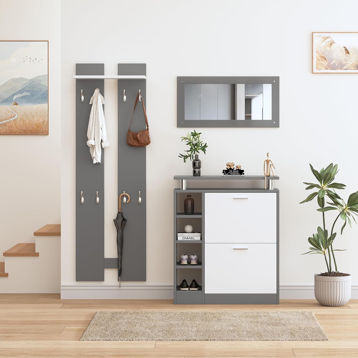 Merax Garderoben-Set 3-teilig, Flur Garderoben Komplettprogramme mit 1 Schuhschrank, 1 Wandspiegel und 2 Garderobenpaneele, Wandgarderobe mit Ablage, Stylishe Garderobenset, Flurmöbel, Grau & Weiß — Ansicht 2