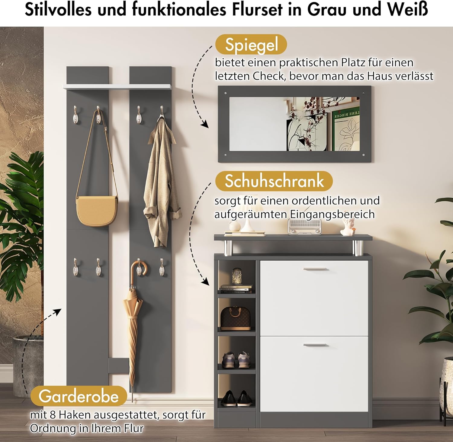 Merax Garderoben-Set 3-teilig, Flur Garderoben Komplettprogramme mit 1 Schuhschrank, 1 Wandspiegel und 2 Garderobenpaneele, Wandgarderobe mit Ablage, Stylishe Garderobenset, Flurmöbel, Grau & Weiß — Ansicht 3