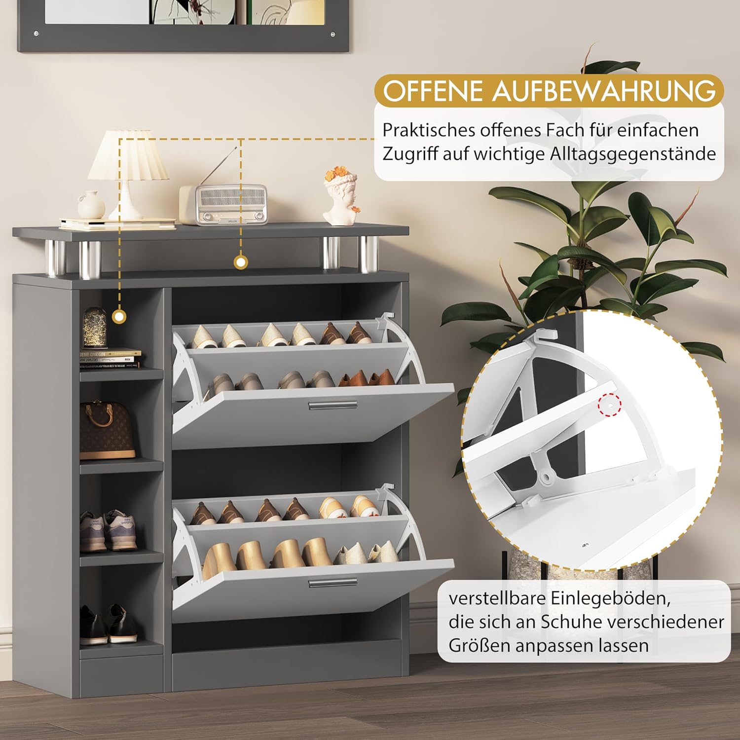 Merax Garderoben-Set 3-teilig, Flur Garderoben Komplettprogramme mit 1 Schuhschrank, 1 Wandspiegel und 2 Garderobenpaneele, Wandgarderobe mit Ablage, Stylishe Garderobenset, Flurmöbel, Grau & Weiß — Ansicht 4