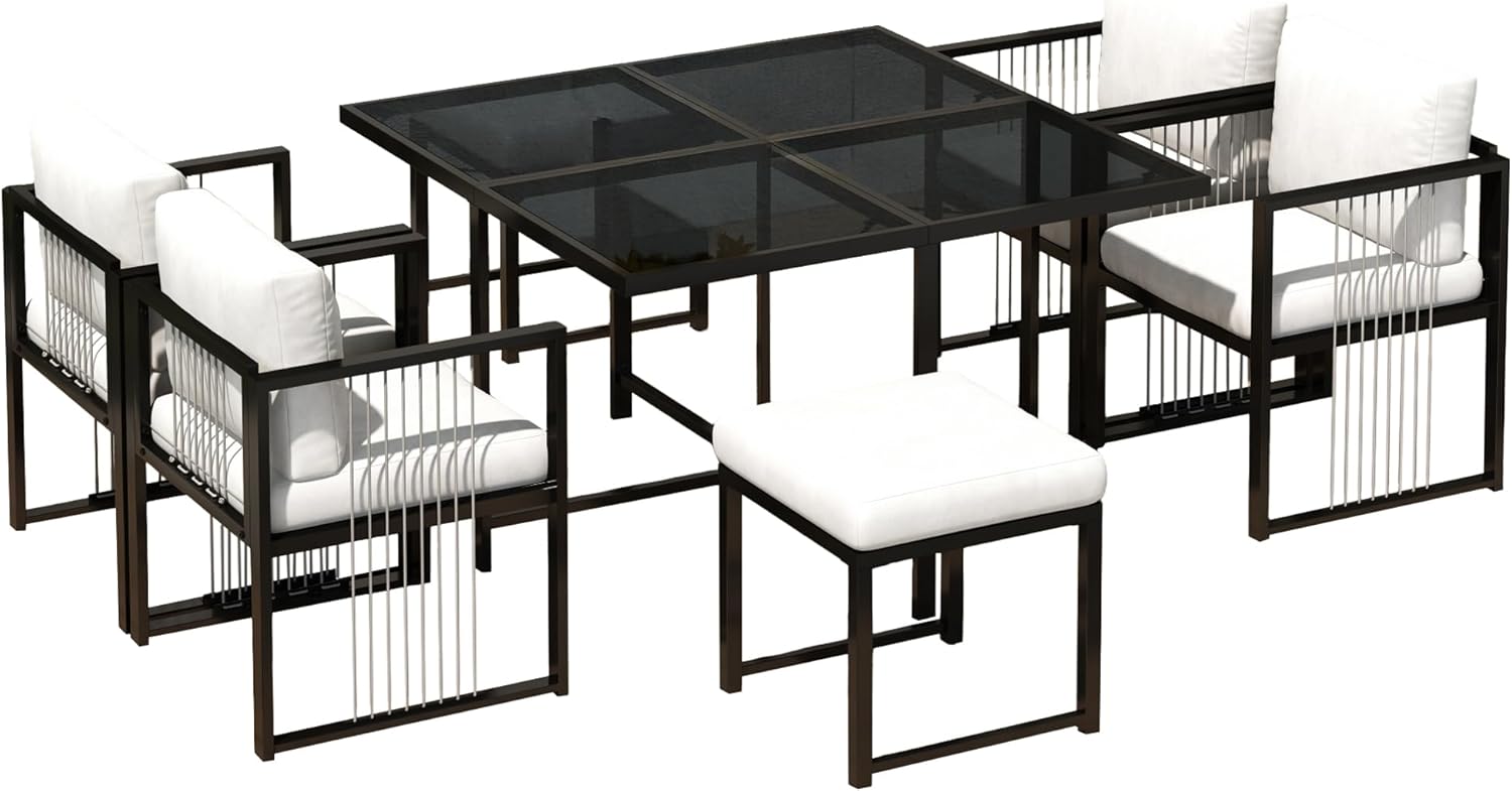Merax Garten Essgruppe, 7-teiliges Esstisch Set für 6 Personen, Gartenmöbel mit Seilgeflecht-Stühlen, Gehärtete Glasplatte, Abnehmbare & Waschbare Kissen, Für Terrasse, Balkon & Garten, Schwarz & Weiß — Ansicht 5