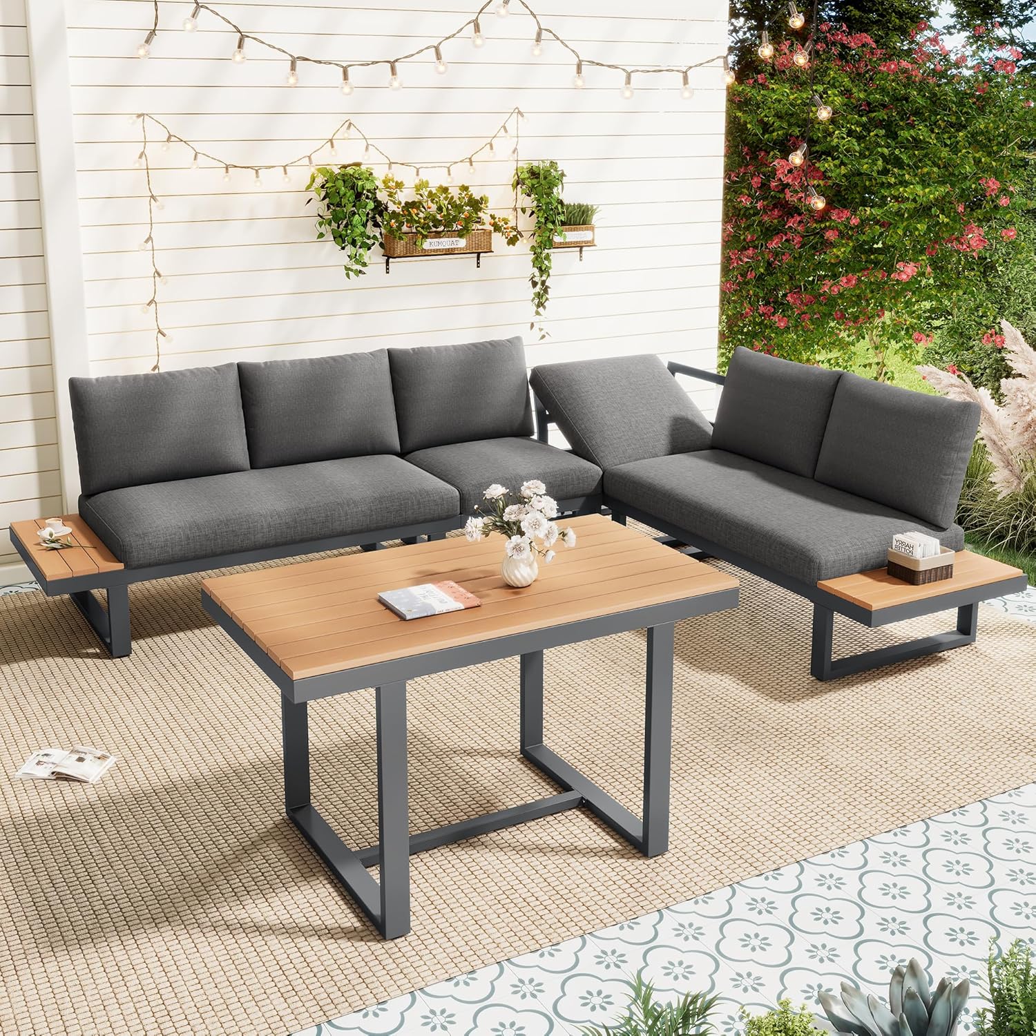 Merax Garten Essgruppe Lounge mit Eckstellung, Gartenmöbel Set mit Esstisch 105x70 cm, Rückenlehne 5-stufig bis 55°, Loungemöbel Outdoor aus verzinktem Stahl & WPC Tischplatte, Grau Schwarz