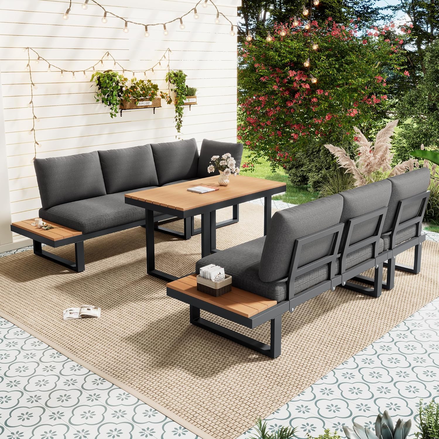 Merax Garten Essgruppe Lounge mit Eckstellung, Gartenmöbel Set mit Esstisch 105x70 cm, Rückenlehne 5-stufig bis 55°, Loungemöbel Outdoor aus verzinktem Stahl & WPC Tischplatte, Grau Schwarz — Ansicht 2