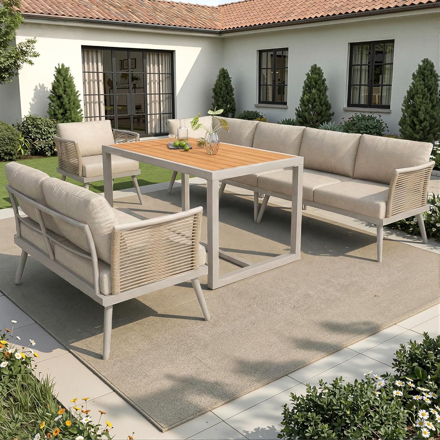 Merax Garten Lounge Set für 7 Personen, L-Förmige Gartenmöbel mit Geflochtenen Armlehnen, Wetterfeste Outdoor Sitzgruppe aus Metall mit WPC Tisch & Dicken Kissen für Terrasse Balkon, Beige — Ansicht 2