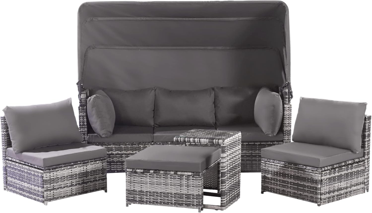 Merax Gartenlounge-Set, Polyrattan mit aufklappbarem Sonnendach inkl. Kissen für 5 Personen, Gartenmöbel Set mit 3-Sitzer Sofa umbaubar, 2X Einzelsessel, 1x Ottoman, 1x Tisch (5 Personen-Sitzer) — Ansicht 3
