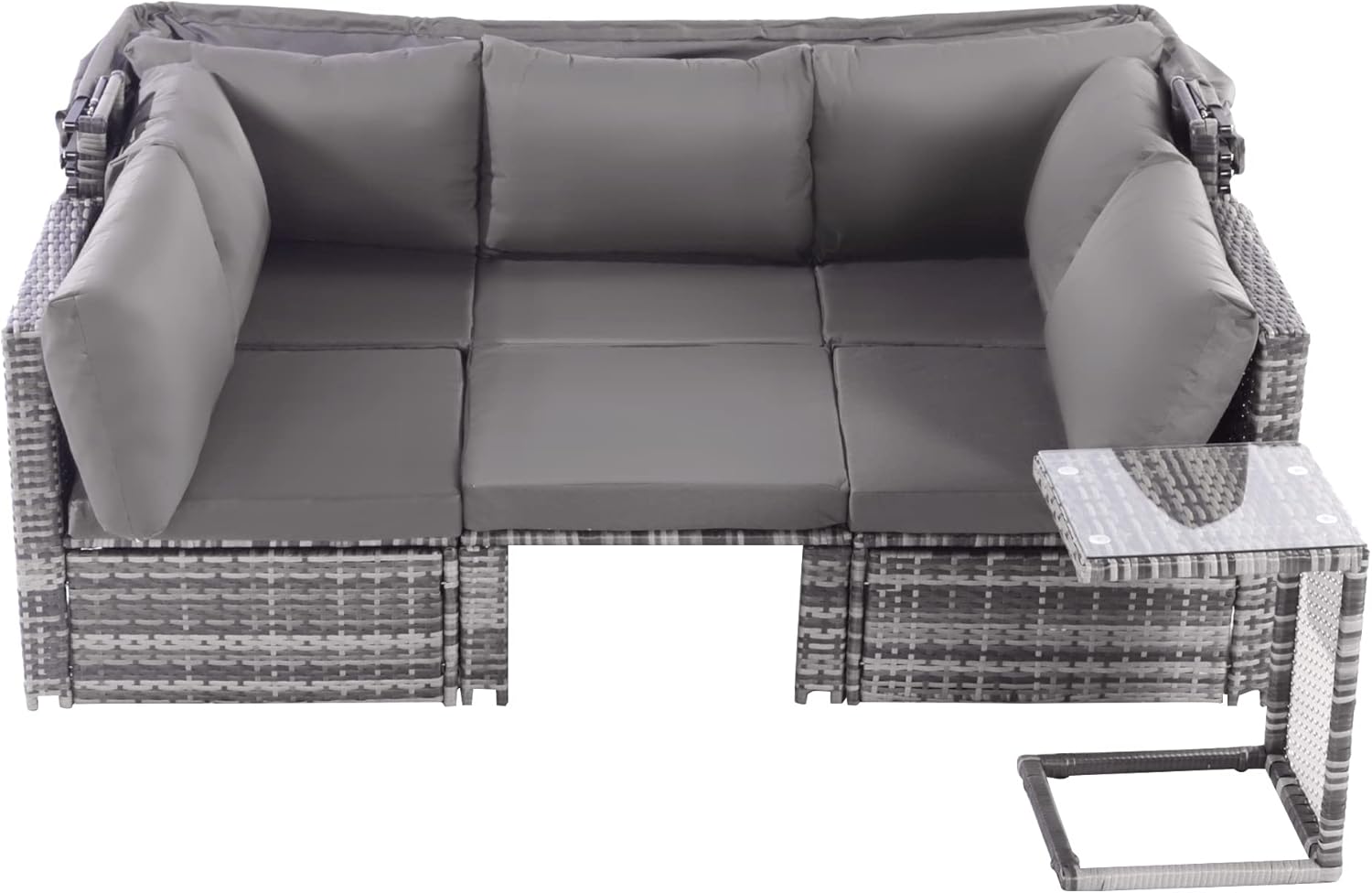 Merax Gartenlounge-Set, Polyrattan mit aufklappbarem Sonnendach inkl. Kissen für 5 Personen, Gartenmöbel Set mit 3-Sitzer Sofa umbaubar, 2X Einzelsessel, 1x Ottoman, 1x Tisch (5 Personen-Sitzer) — Ansicht 6