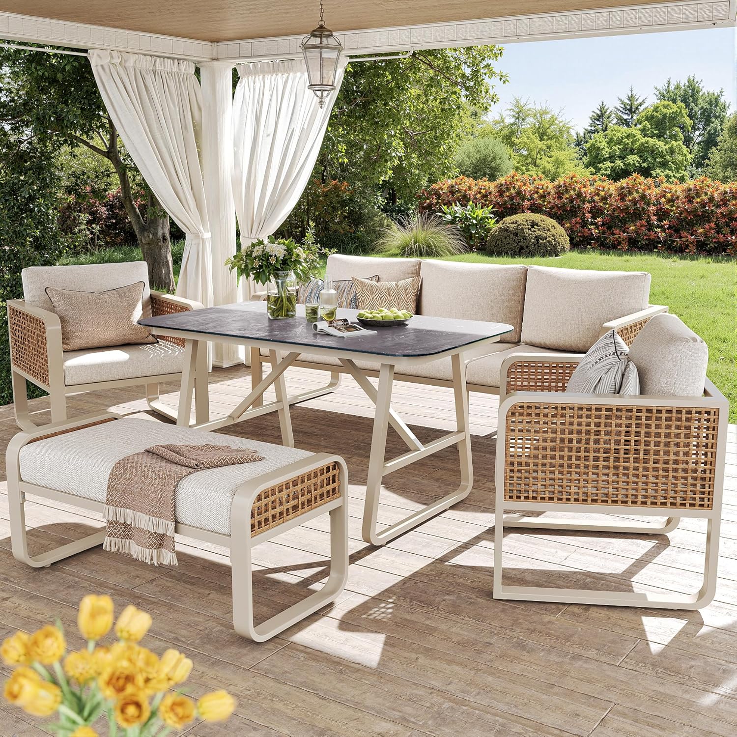 Merax Gartenmöbel Set 6-7 Personen, Gartenlounge Lounge Set aus Metallrahmen & PE-Rattan, Balkonmöbel Outdoor Sitzgruppe mit Tisch & Kissen, Kombinierbar Gartensofa-Set, Wetterfest für Terrasse, Beige — Ansicht 3