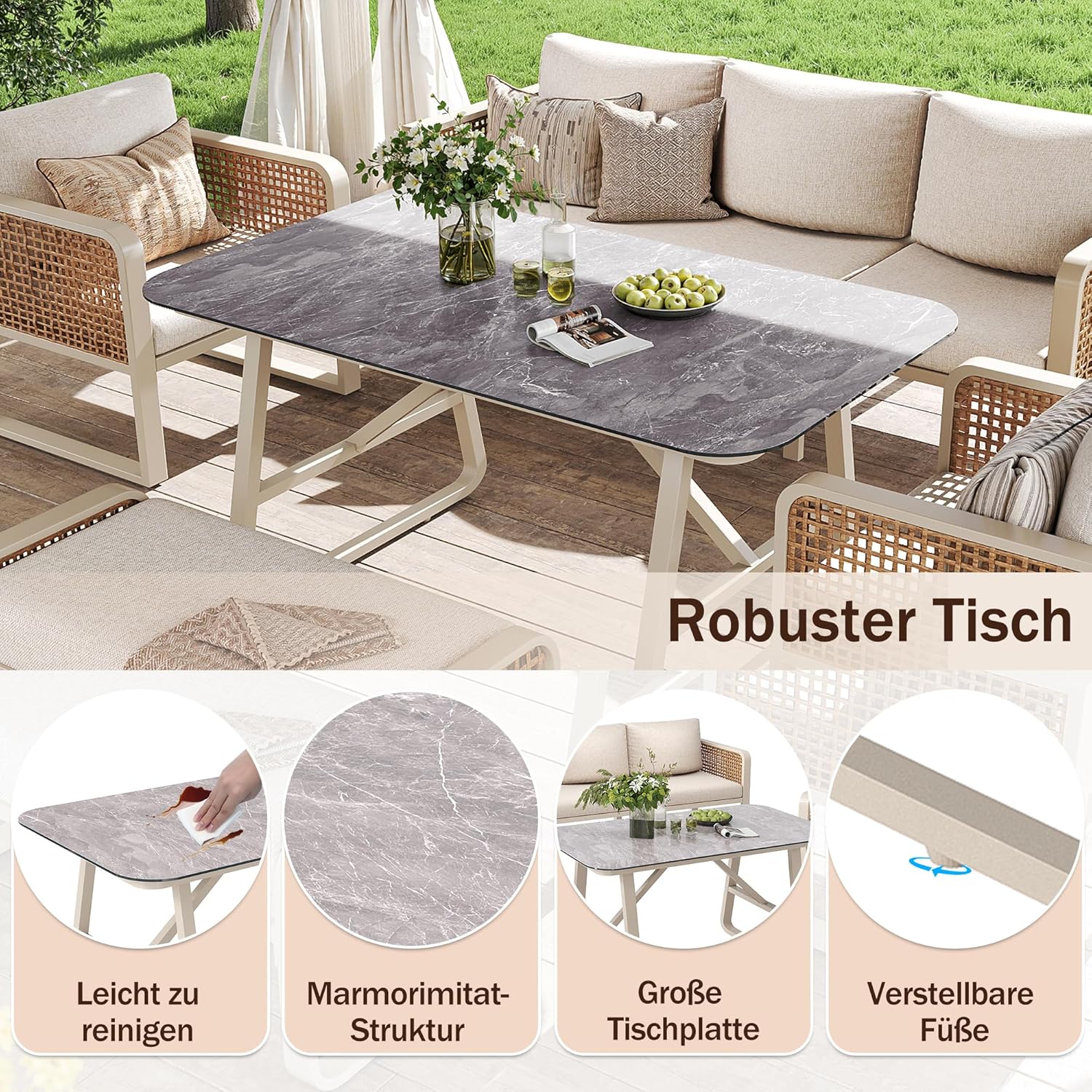 Merax Gartenmöbel Set 6-7 Personen, Gartenlounge Lounge Set aus Metallrahmen & PE-Rattan, Balkonmöbel Outdoor Sitzgruppe mit Tisch & Kissen, Kombinierbar Gartensofa-Set, Wetterfest für Terrasse, Beige — Ansicht 5