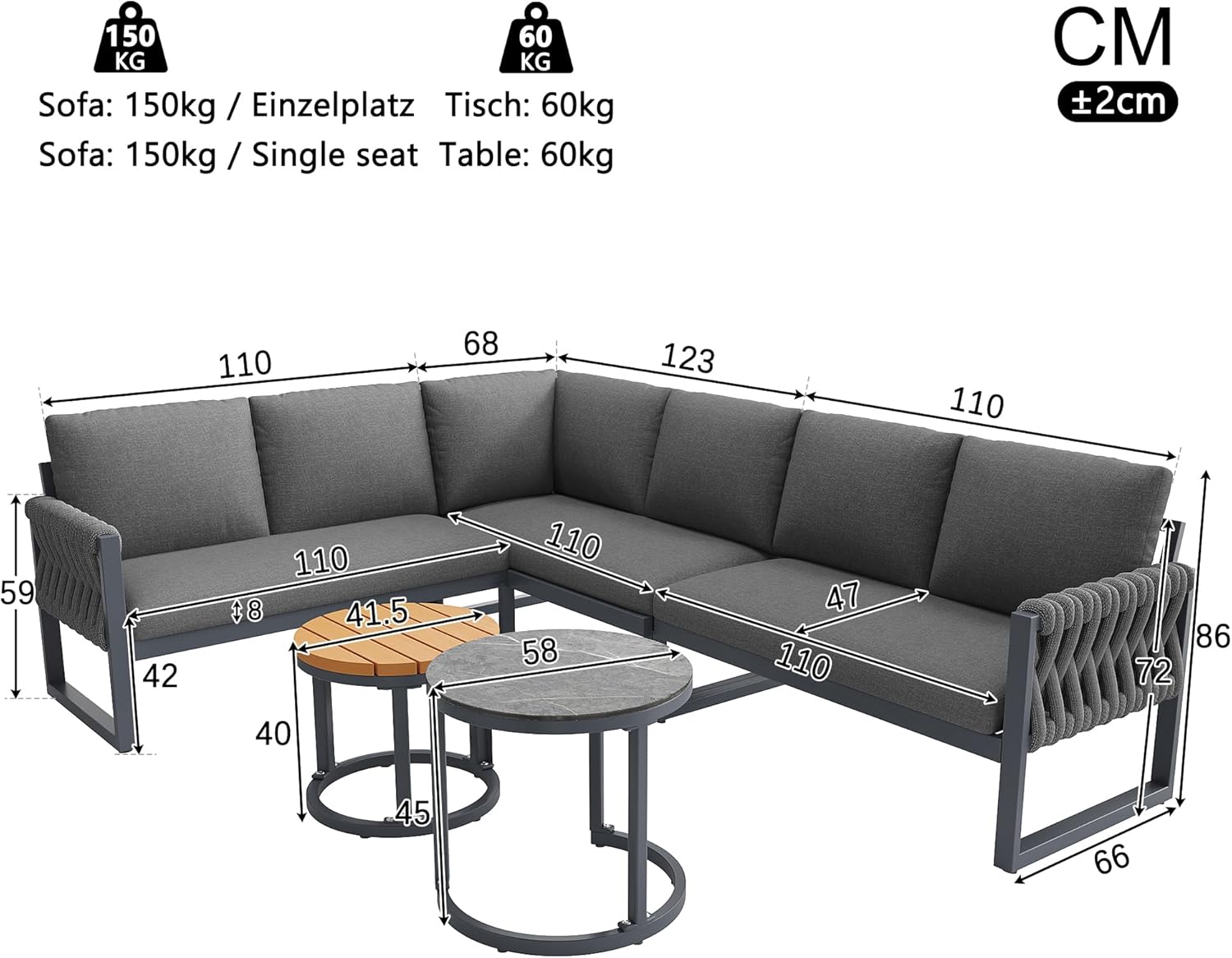 Merax Gartenmöbel Set 6 Personen, Gartenlounge Set mit Kissen & Sofatisch, Balkonmöbel Outdoor Sitzgruppe mit Metallrahmen & handgeflochten Seil, flexibel kombinierbar, Wetterfest für Terrasse, Grau — Ansicht 4