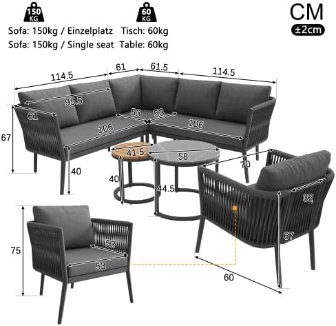 Merax Gartenmöbel Set 6-teilig für 5-6 Personen – Flexibles Gartenlounge Set mit Verstellbaren Füßen, Wasserabweisenden Kissen und Modularer Sitzgruppe für Balkon Terrasse, Grau — Ansicht 2