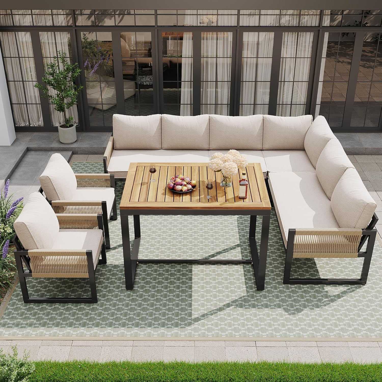 Merax Gartenmöbel Set 7-8 Personen, Lounge Sitzgruppe Outdoor mit Sofatisch & 2 Einzelsofa, Ecksofa-Set aus Metal & Seile, für Garten Balkon Terrasse, inkl. Kissen, wetterfest Gartenlounge Set, Beige — Ansicht 3