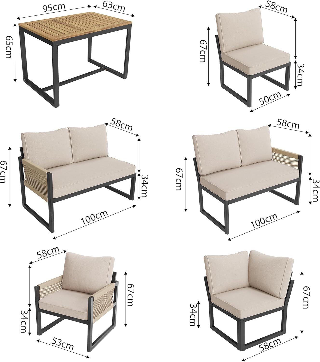 Merax Gartenmöbel Set 7-8 Personen, Lounge Sitzgruppe Outdoor mit Sofatisch & 2 Einzelsofa, Ecksofa-Set aus Metal & Seile, für Garten Balkon Terrasse, inkl. Kissen, wetterfest Gartenlounge Set, Beige — Ansicht 6