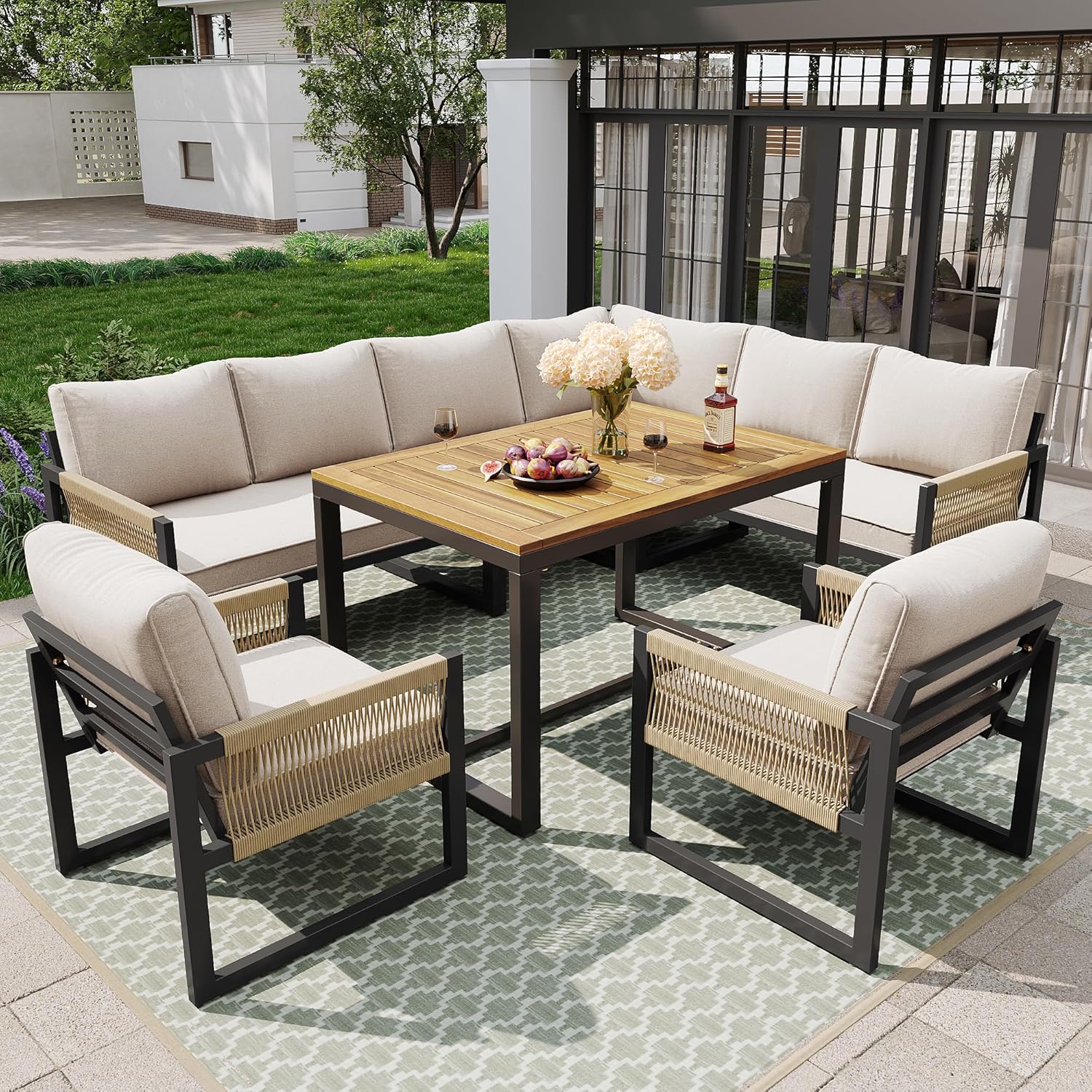 Merax Gartenmöbel Set 7-8 Personen, Lounge Sitzgruppe Outdoor mit Sofatisch & 2 Einzelsofa, Ecksofa-Set aus Metal & Seile, für Garten Balkon Terrasse, inkl. Kissen, wetterfest Gartenlounge Set, Beige