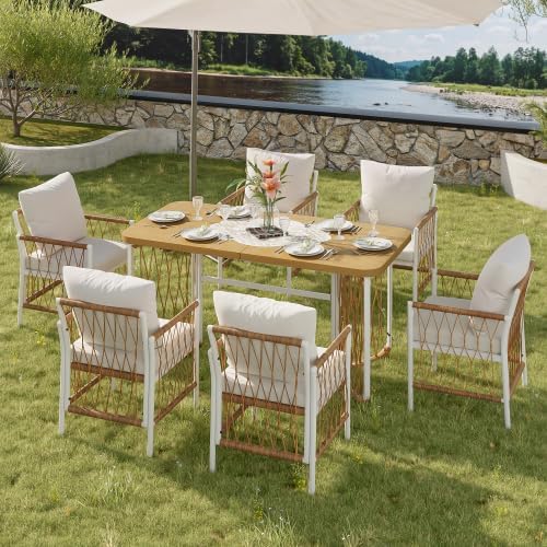Merax Gartenmöbel Set – 7-teiliges Gartentisch mit Stühlen Set aus Rattan und Eisengestell, Sitzgruppe Outdoor für Terrasse und Balkon, 1 Tisch und 6 Stühle in Beige und Braun