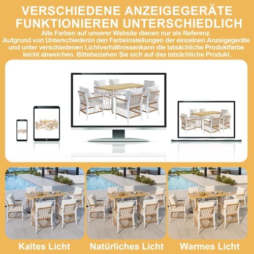 Merax Gartenmöbel Set – 7-teiliges Gartentisch mit Stühlen Set aus Rattan und Eisengestell, Sitzgruppe Outdoor für Terrasse und Balkon, 1 Tisch und 6 Stühle in Beige und Braun — Ansicht 5