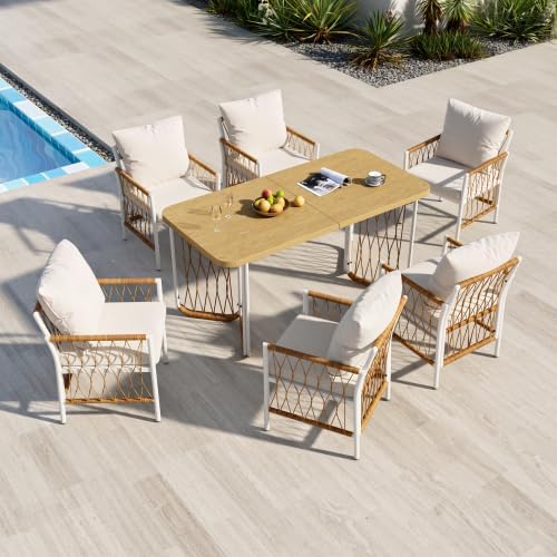 Merax Gartenmöbel Set – 7-teiliges Gartentisch mit Stühlen Set aus Rattan und Eisengestell, Sitzgruppe Outdoor für Terrasse und Balkon, 1 Tisch und 6 Stühle in Beige und Braun — Ansicht 6