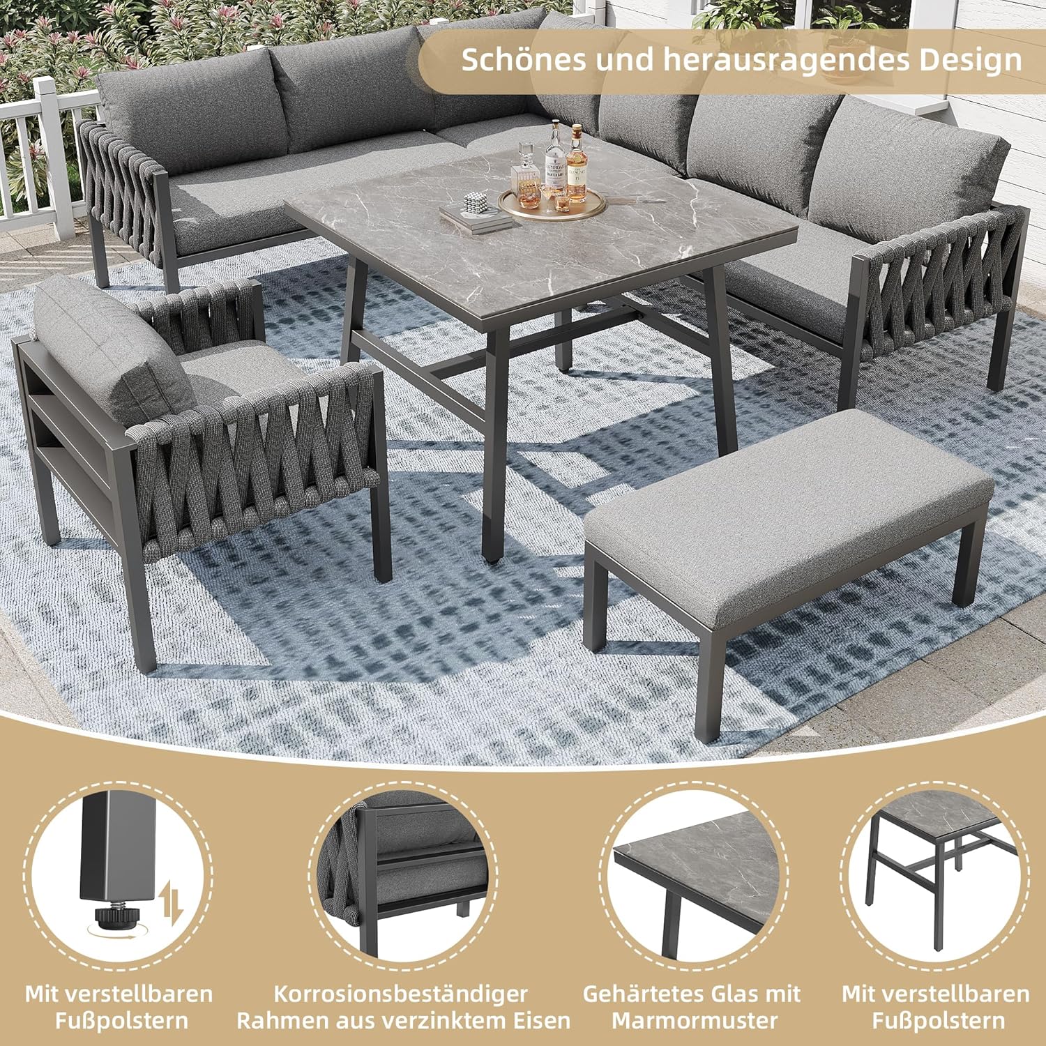 Merax Gartenmöbel Set 8-9 Personen, Sitzgruppe Gartenlounge Set mit Kissen & Tisch, Outdoor Ecksofa-Set aus verzinktem Eisen, handgeflochten dickem Seil, Essgruppe für Garten Balkon Terrasse, Grau — Ansicht 3