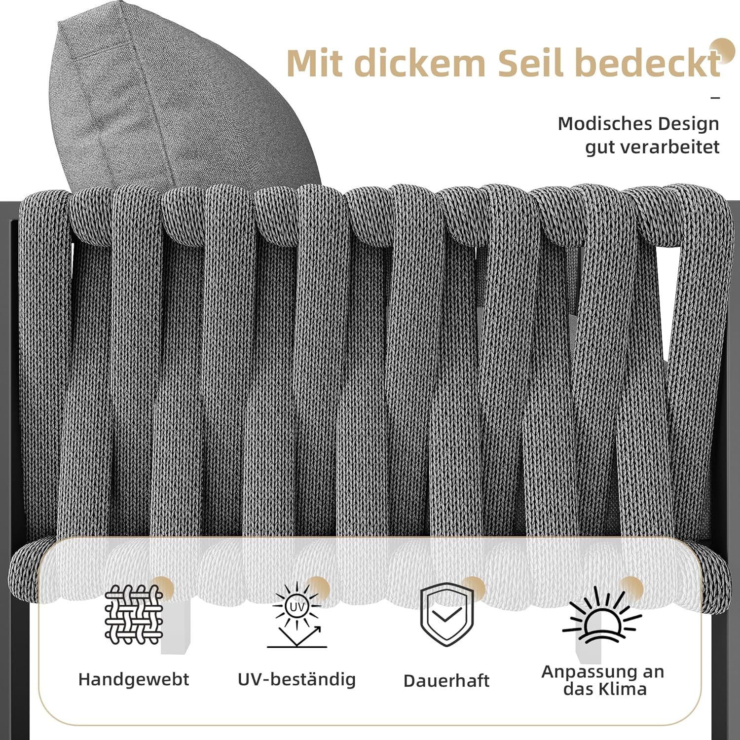 Merax Gartenmöbel Set 8-9 Personen, Sitzgruppe Gartenlounge Set mit Kissen & Tisch, Outdoor Ecksofa-Set aus verzinktem Eisen, handgeflochten dickem Seil, Essgruppe für Garten Balkon Terrasse, Grau — Ansicht 4