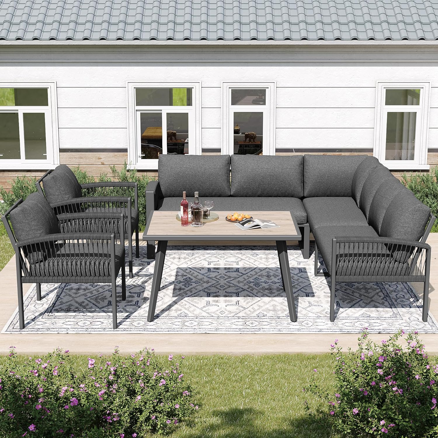 Merax Gartenmöbel Set 8-Personen, Sitzgruppe Gartenlounge Set mit Tisch & Kissen, Outdoor Ecksofa-Set aus verzinktem Eisen, handgeflochten Seil, Essgruppe wetterfest für Garten Balkon Terrasse, Grau — Ansicht 3