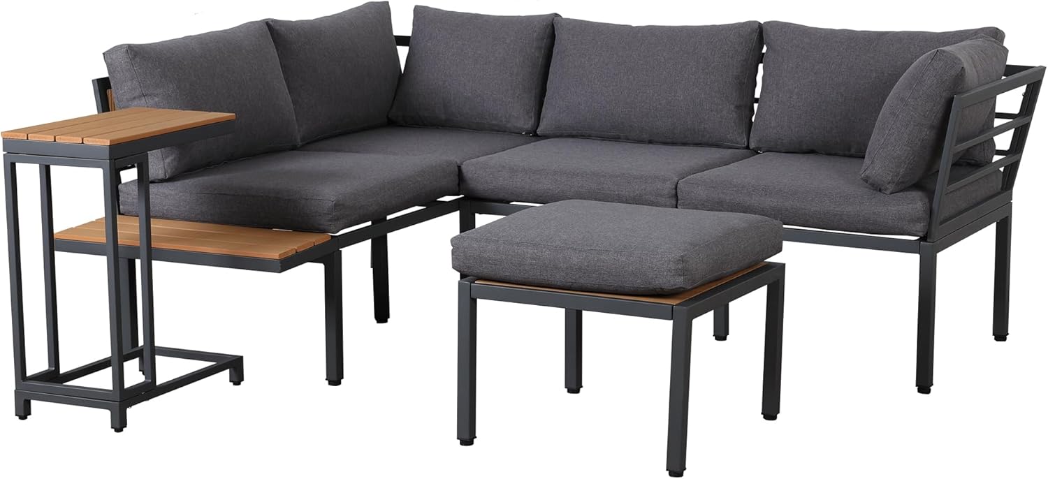 Merax Gartenmöbel Set, Balkonmöbel mit aus Verzinktes Stahlrohr, Terrassenmöbel mit Beistelltisch und Couchtisch, Tischplatte aus Kunststoffholz, Grau und Schwarz — Ansicht 6