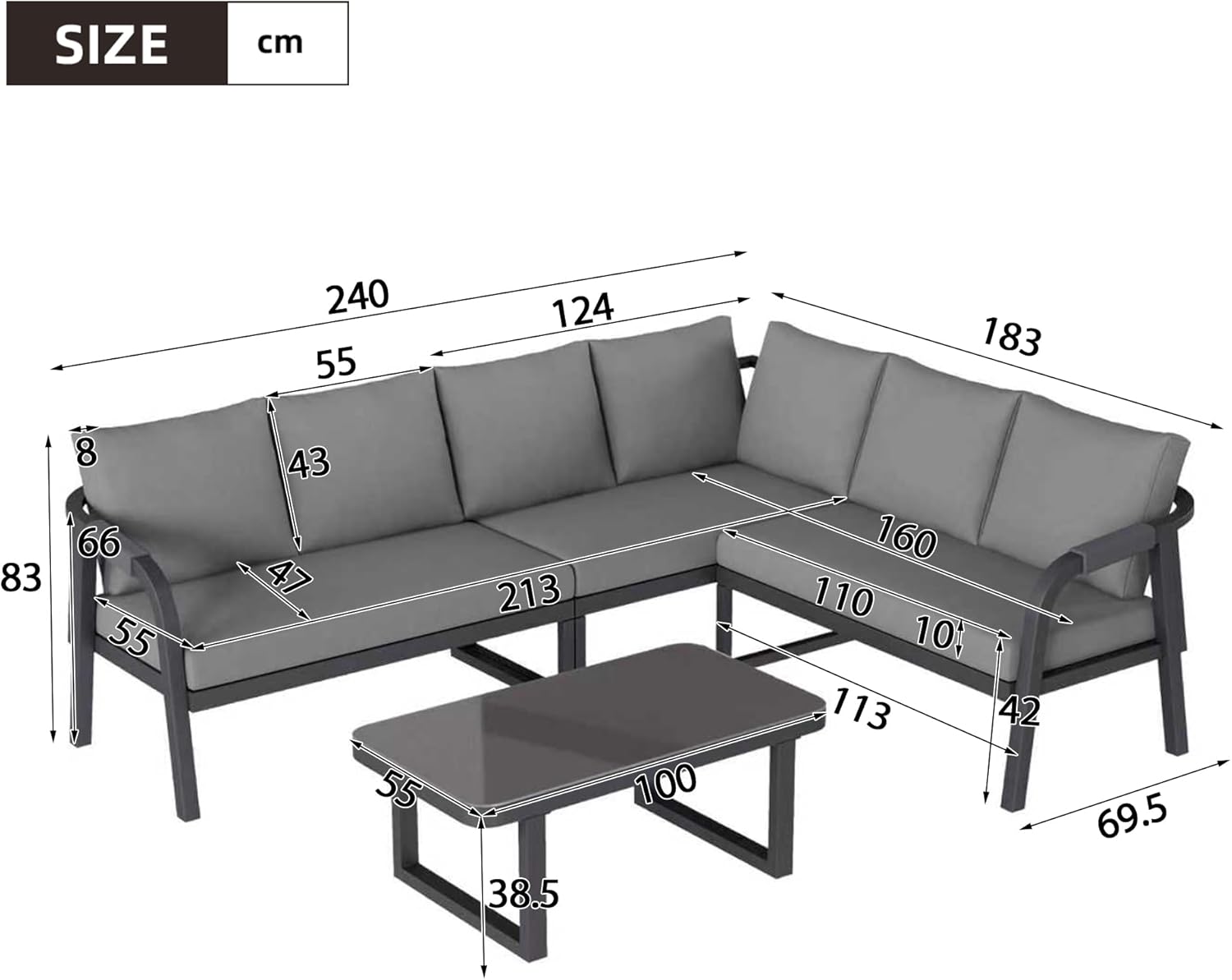 Merax Gartenmöbel-Set für 6 Personen, Ecksofa mit geflochtenen Arm- & Rückenlehnen, Outdoor Lounge Set mit Couchtisch & Glasplatte, verzinkte Stahlrohre, Gartenlounge für Terrasse Balkon, Grau — Ansicht 2